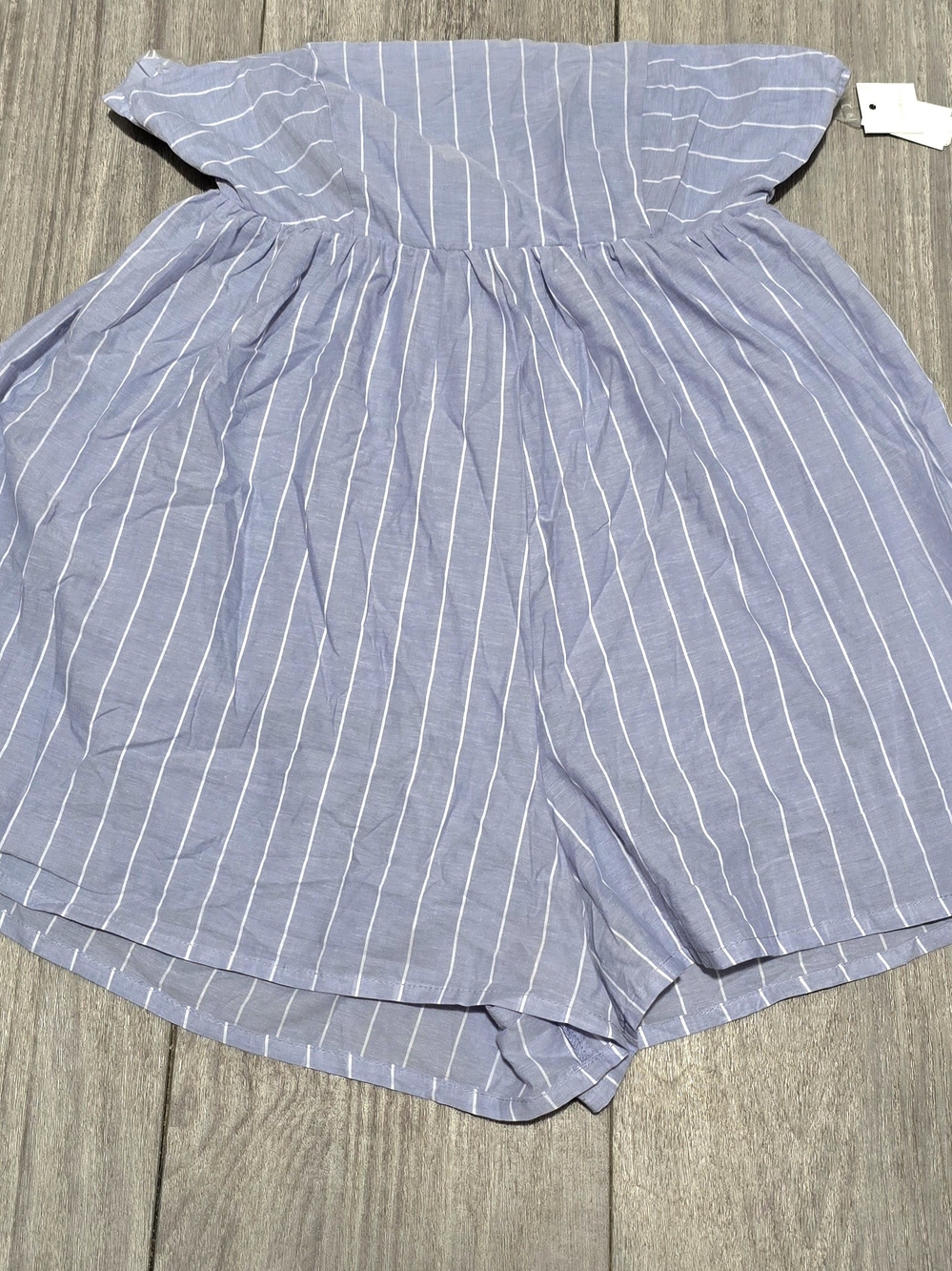 Ultra Flirt Light Blue and White Striped Off-Shoulder Romper